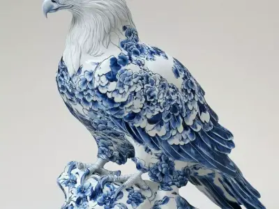 Porcelain Eagle Sculpture ChineseStyle Ceramic Bird Art Low-poly 3D model