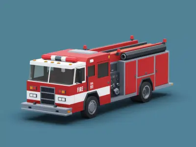 Cartoon Stylized American Fire Truck Low-poly 3D model