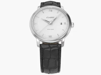 Classic Watch Black Leather Bracelet White Dial 3D model