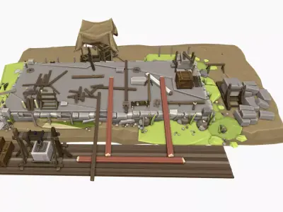 Medieval Peasants Home Scene with Interior Low-poly 3D model Low-poly 3D model
