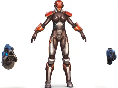 Cartoon Sci-Fi Cyborg Drone Heavy Machine Gunner Low-poly 3D model
