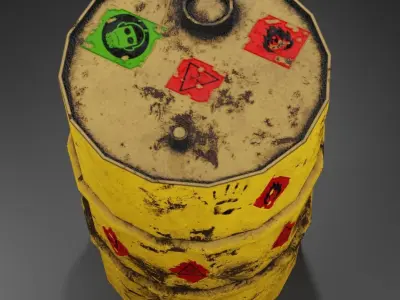 Metal barrel with elements of dirt rust and stickers Low-poly 3D model