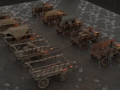 A set of stylized medieval carts with a lamp and a load Low-poly 3D model