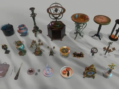 64 vintage props for home Low-poly 3D model