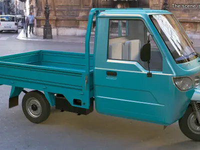 Asian Delivery Trike with Open Body Blue Rigged 3D model