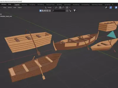 Wooden boats with separate oars Low-poly 3D model