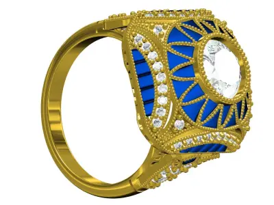 Antique Blue Sapphire Stone Art Deco Inspired Engagement Ring 3D print model