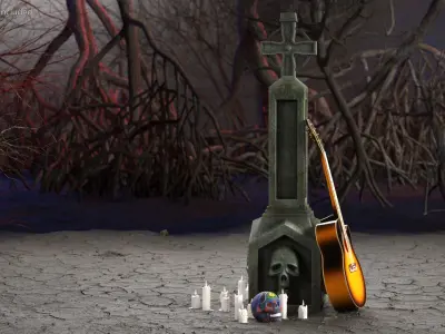  Graveyard Altar with Guitar Candles and Calavera 