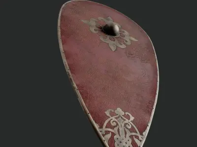 Slavic kite leather shield-painted red with peacock symbol Low-poly 3D model