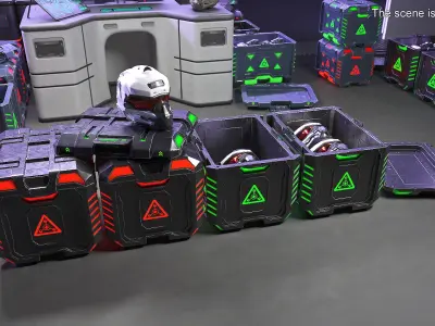 Futuristic Storage Crate with Sci-Fi Helmets 3D model