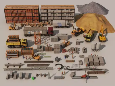 Construction site asset package vehicles  materials Low-poly 3D model
