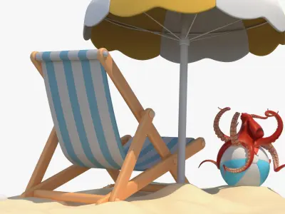  Cartoon Beach Set with Umbrella Chair and Octopus under Sun 