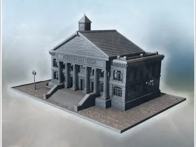 Historic cinema building with large columns clock tower and deco 3D print model