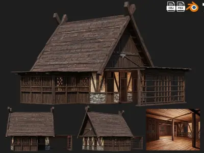 4 Old Medieval Building House Pack 4K Tex GameReady 73 to 76 Low-poly 3D model