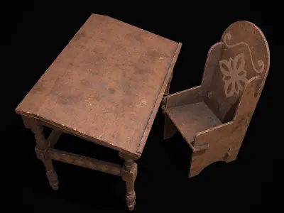 Elegant Long Writing Desk and High Wood Chair  3D Model Pack