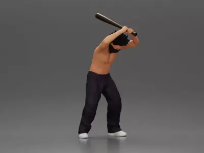 gangster man with curly hair swings baseball bat 3D print model