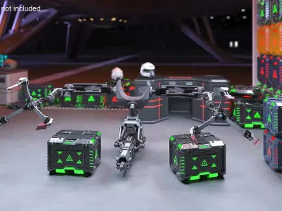Futuristic Robotic Arm with Sci-Fi Storage Crates 3D model