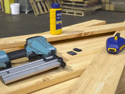 Pinewood Planks with Air Nail Gun and Chalk Reel 3D model