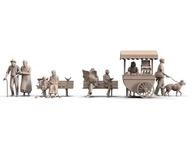 Street Scene  People Bench Vendor Cart for 3D Printing Diorama 3D print model