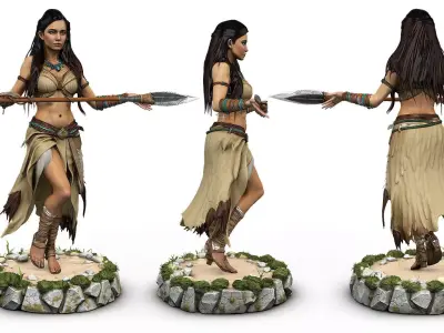 Native american warrior woman with polearm high poly resolution 3D model
