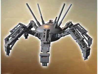 Robotic spider-like machine with multiple articulated legs and a 3D print model