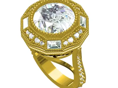 Antique Round Cut White Diamond Art Deco Engagement Ring 3D print model
