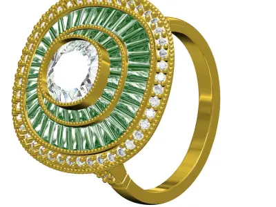 Green Baguette Antique Art Deco Engagement Ring 3D print model