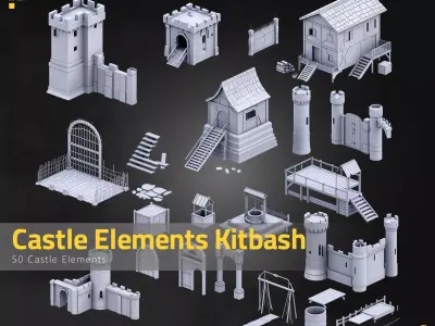 50 Castle Elements Kitbash Low-poly 3D model