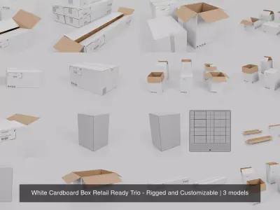 White Cardboard Box Retail Ready Trio - Rigged and Customizable 3D Model Pack