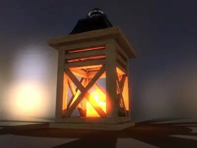 Burning candle in a wooden lantern 3D model
