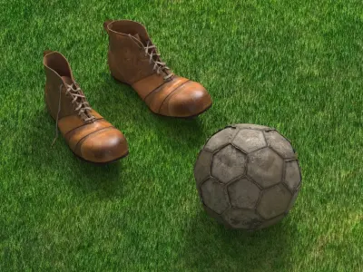  Soccer Ball Old Torn with Vintage Boots on Grass Fur 