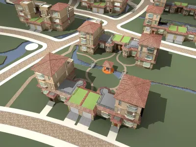 Villa residential area with houses and water feature 3D model