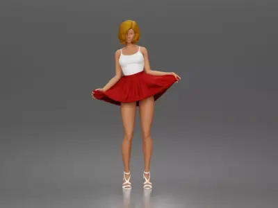 Cheerful girl twirling skirt playfully posing in strappy heels 3D print model