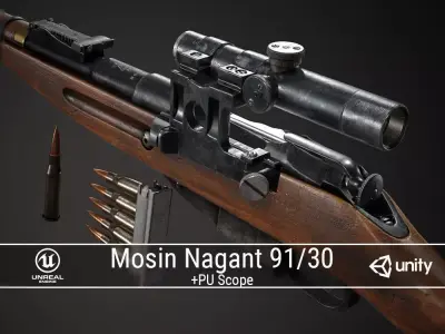 PBR Soviet Mosin Nagant 91-30 Sniper Rifle Low-poly 3D model