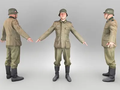 German Wehrmacht soldier in A-pose 374 Low-poly 3D model