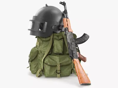 Armor Helmet with Ak-47 Rifle and Tactical Backpack 3D model purchase