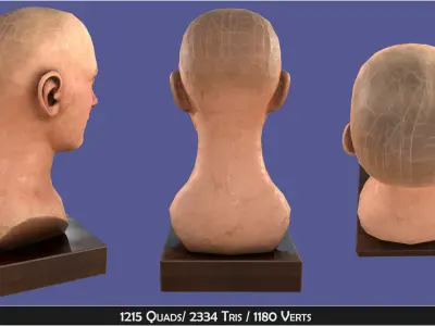 Antique Wooden Head Mannequin for Hats Wigs and Helmets Low-poly 3D model