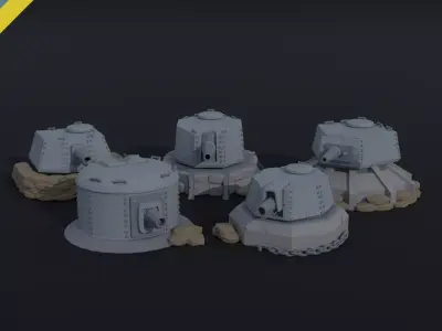 Cartoon Dieselpunk  gun turrets Polygonal Style Low-poly 3D model