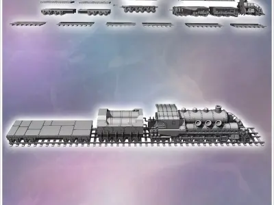 Steampunk train on double tracks with steam locomotive and trail 3D print model