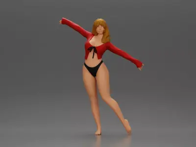 Golden dancer spins gracefully wearing red top and black 3D print model