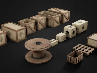 Wood box pack Free low-poly 3D model