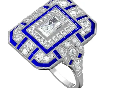 Antique Art Deco Sterling Silver Sapphire Diamond Ring 3D print model