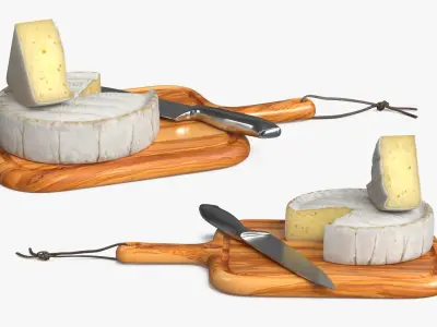 Brie Cheese Wheel on Wooden Board with Knife 3D model