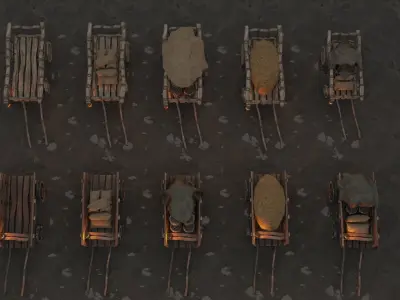 A set of stylized medieval carts with a lamp and a load Low-poly 3D model
