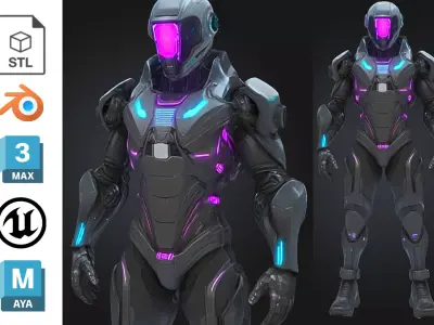Neon Cybernetic Soldier Low-poly 3D model