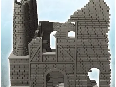 Ruined industrial building with three brick chimneys 5 - Modern  3D print model