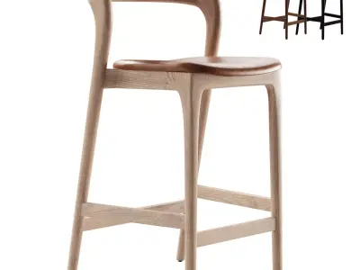 Scooped Ash Wood Leather Stool 3D model