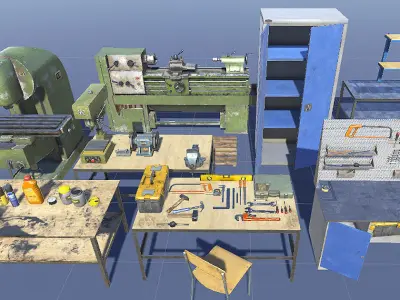 Workshop in metal building Low-poly 3D model