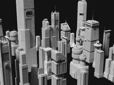 Sci-Fi building dressing kitbash PACK 13 Futuristic Skyscrapers Low-poly 3D model