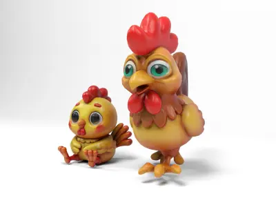 Funny hen and chick Low-poly 3D model